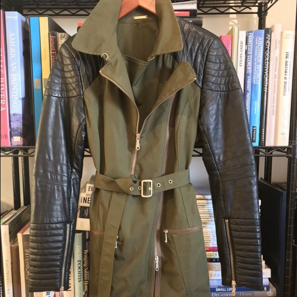 Rebecca Minkoff Kiefer Khaki Green Trench with Moto Leather Sleeves